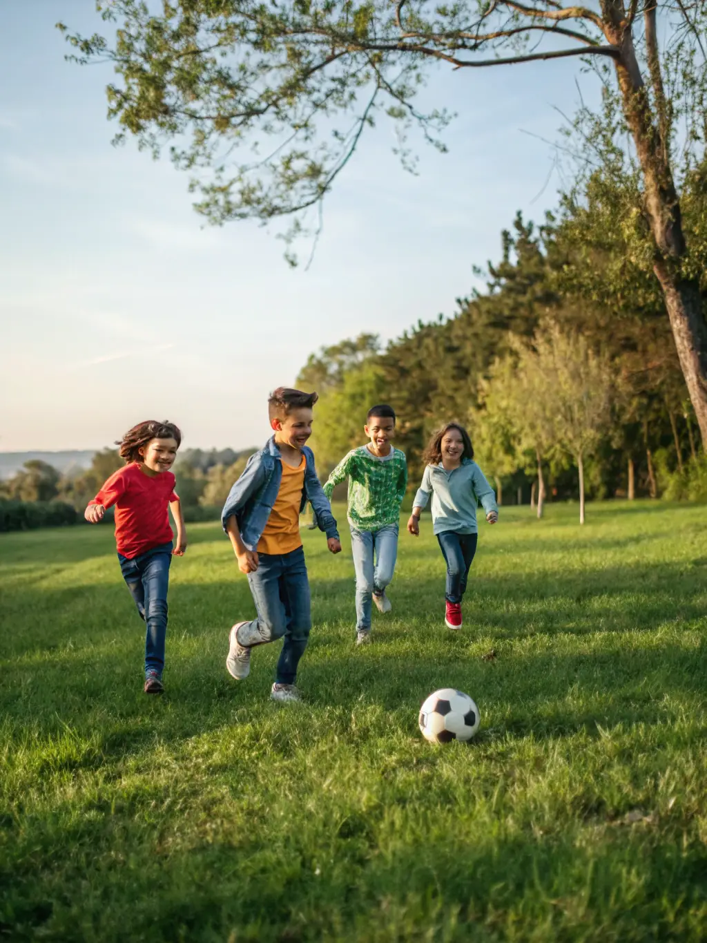 A group of children participating in a soccer game, wearing colorful jerseys and showing teamwork and sportsmanship, set against a backdrop of a sunny field.