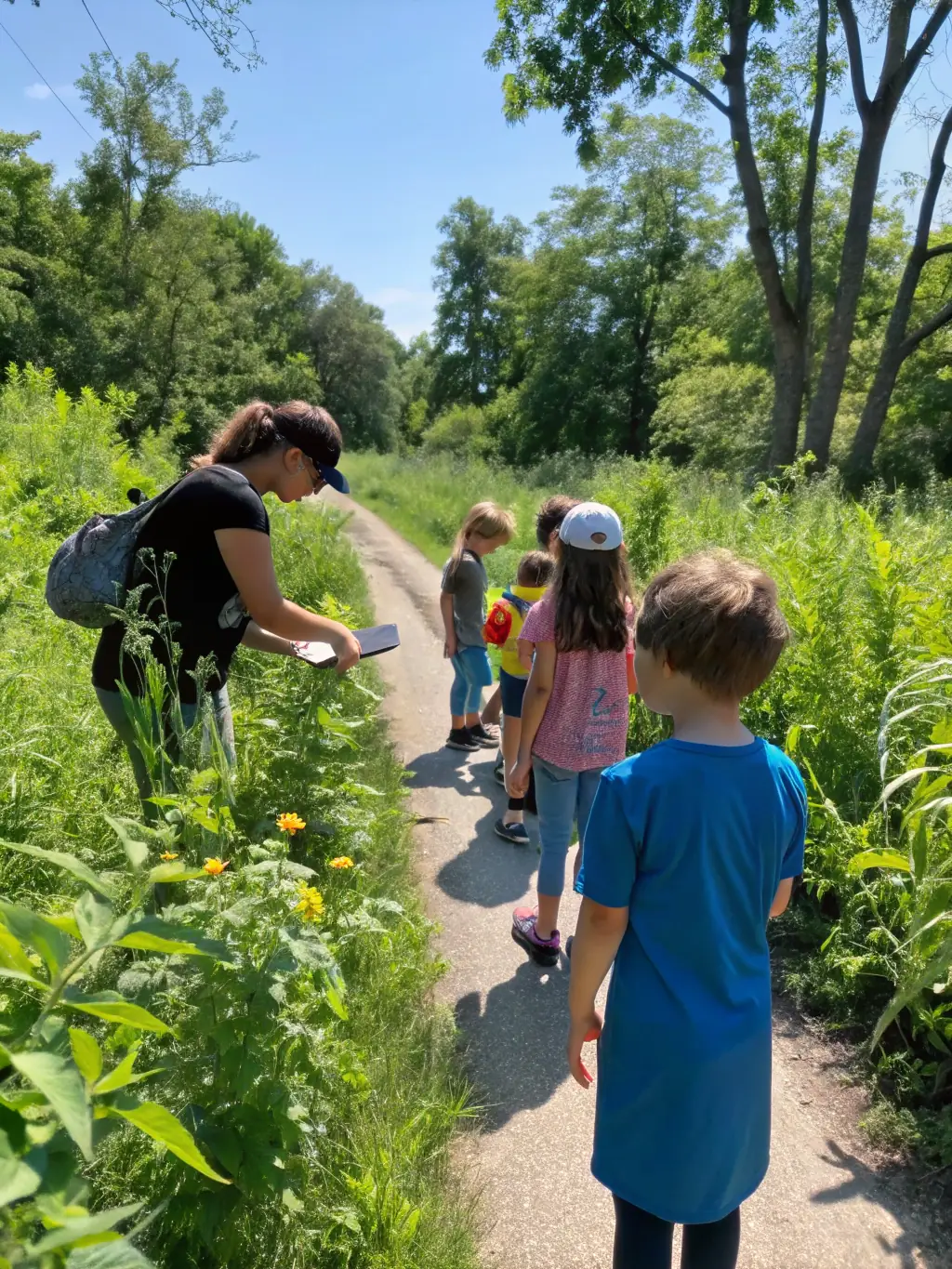 Children hiking through a forest, exploring nature and learning about the environment, with a focus on teamwork and outdoor skills.