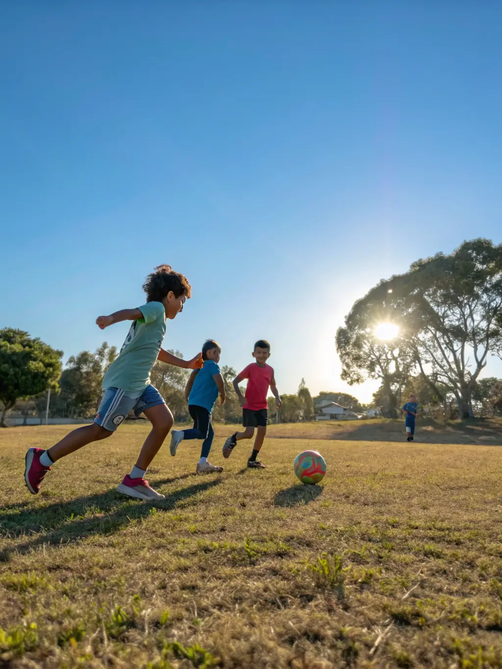 A vibrant image of children participating in outdoor sports, such as soccer or hiking, surrounded by lush greenery and smiling faces.