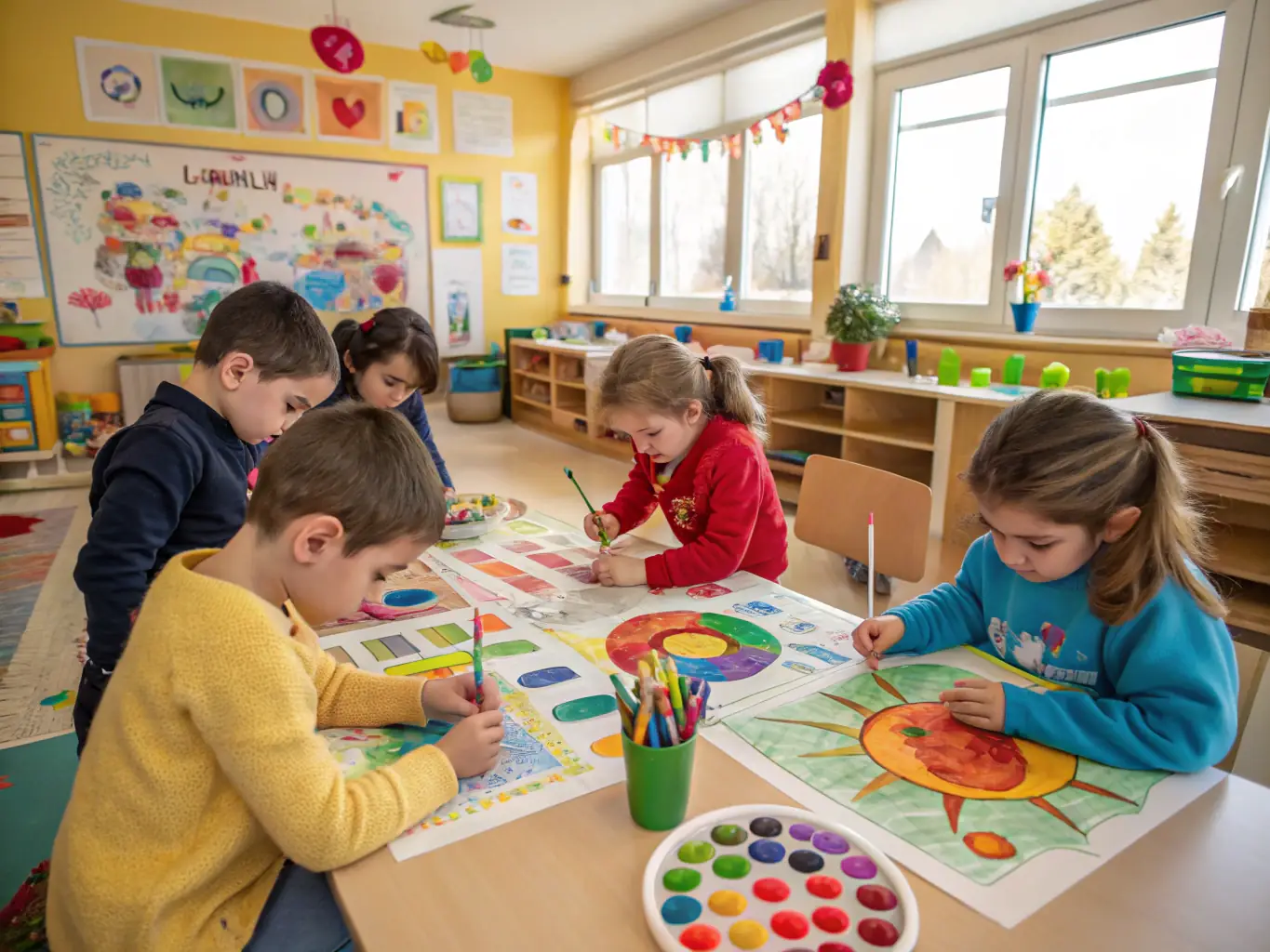 Children engaged in an art workshop, painting and creating artwork, showcasing the sociocultural programs offered by ASSOCIATION USEP DESCARTES.