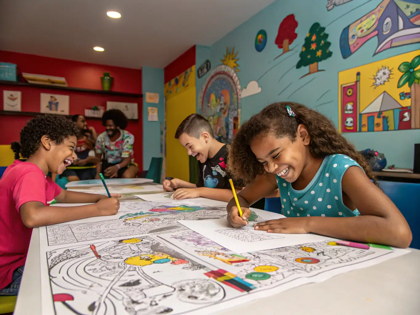 Children engaged in a sociocultural program, such as an arts and crafts workshop, demonstrating creativity and cultural awareness.