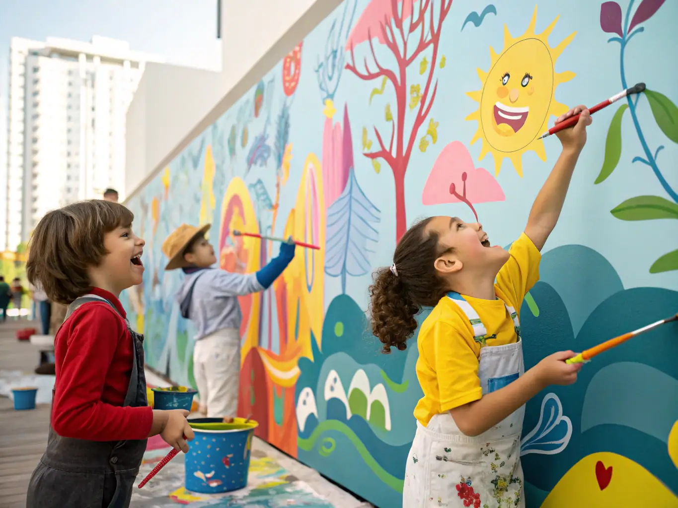 A child painting a mural with other children, showcasing creativity and teamwork. The mural is vibrant and colorful, reflecting the children's imagination and cultural expression.