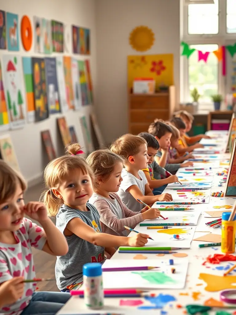 A group of children engaged in an art workshop, painting and creating artwork, with a focus on creativity and self-expression.