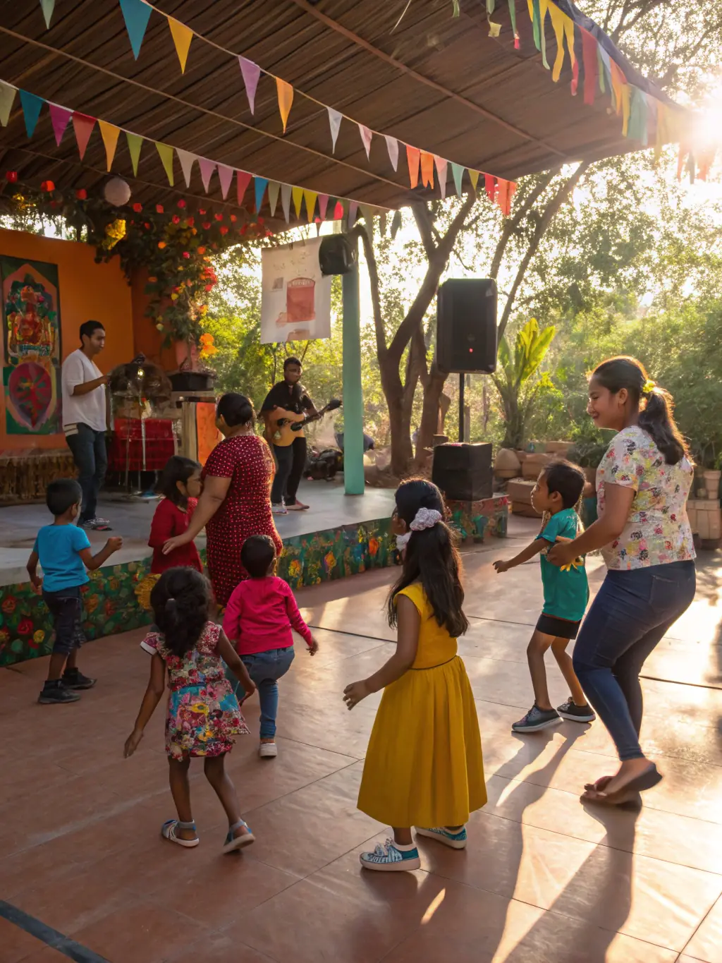 An image of children engaged in a cultural dance or art workshop, showcasing their creativity and enthusiasm.