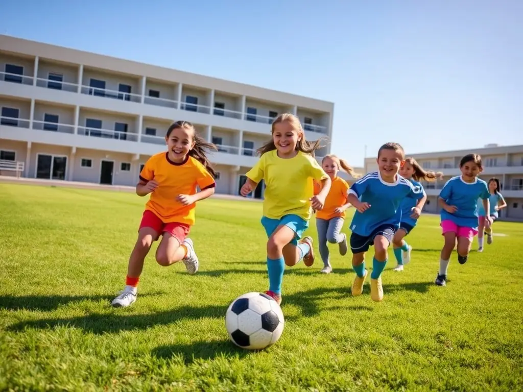 A group of children playing soccer on a sunny field, wearing sports uniforms and smiling, representing the sports programs offered by ASSOCIATION USEP DESCARTES.