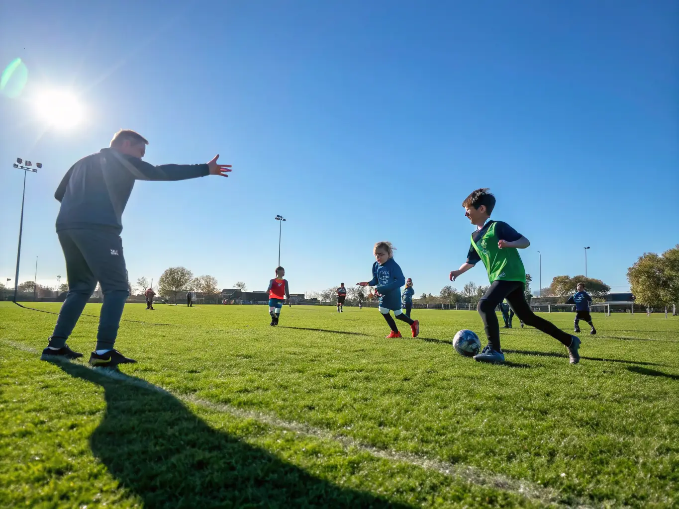 A group of children participating in a soccer game, wearing colorful jerseys and smiling, with a coach guiding them on the field. The scene is energetic and positive, emphasizing teamwork and physical activity.