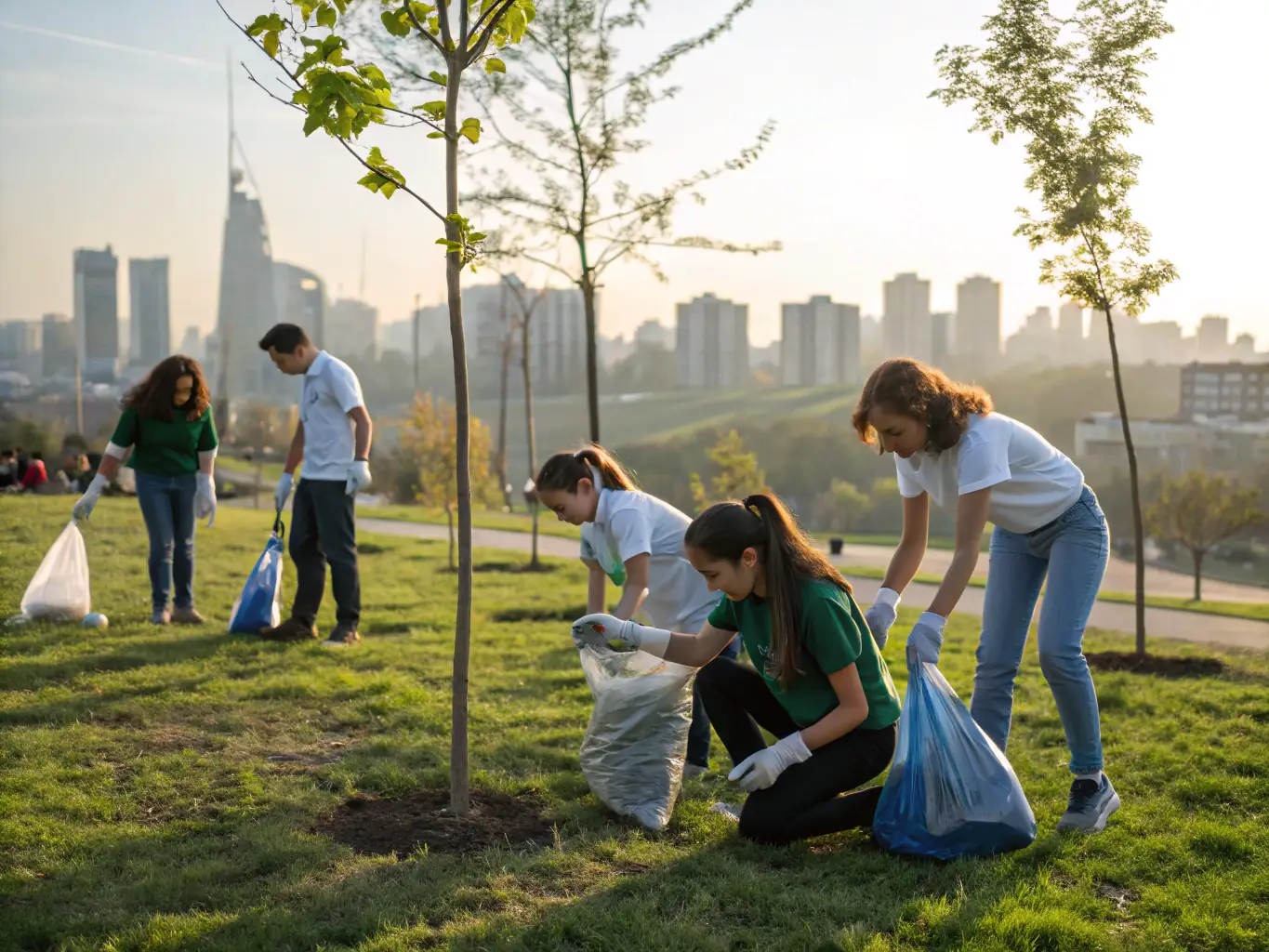 A group of children planting trees in a park, demonstrating environmental awareness and community involvement. The scene is bright and hopeful, emphasizing the importance of nature and sustainability.
