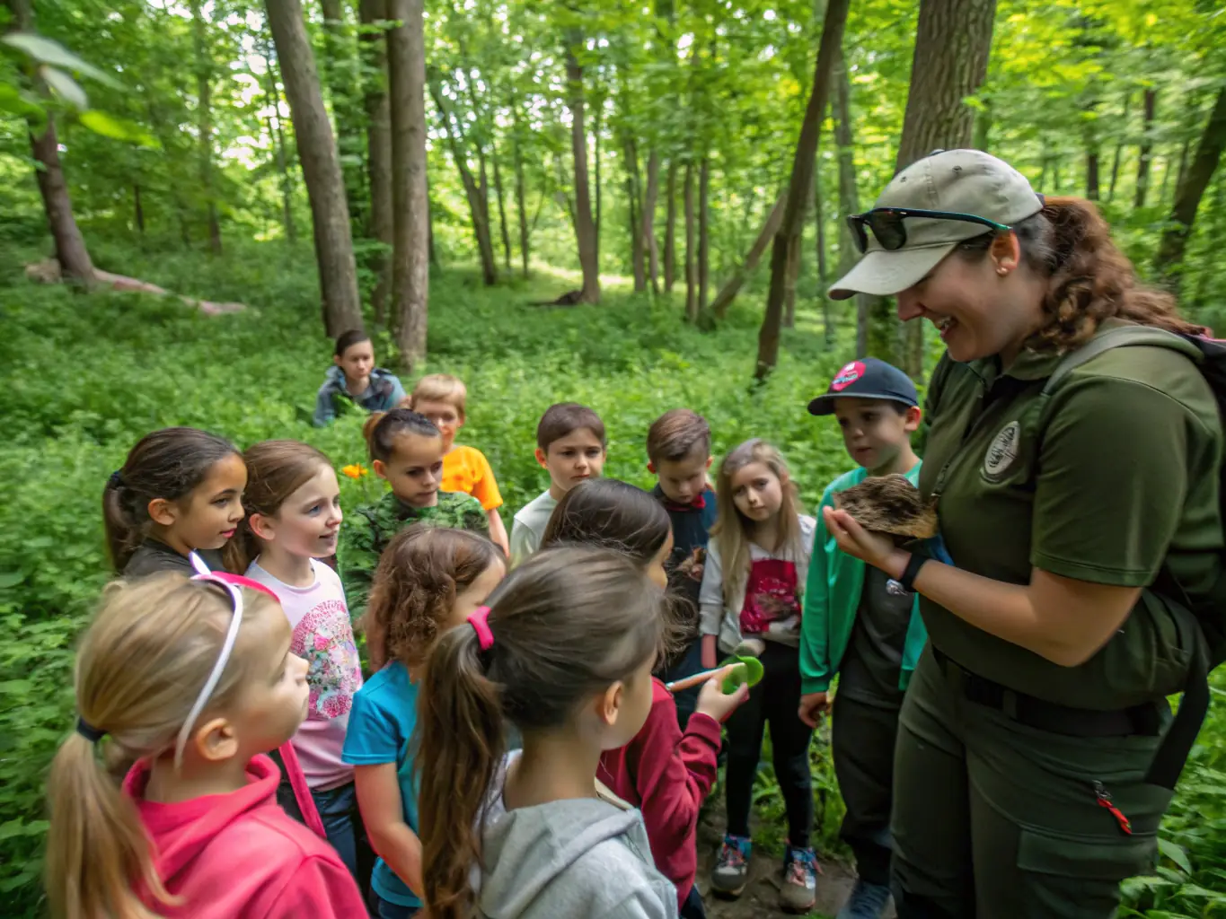 Children participating in a nature walk, exploring a forest with a guide, observing plants and animals, illustrating the nature activities provided by ASSOCIATION USEP DESCARTES.